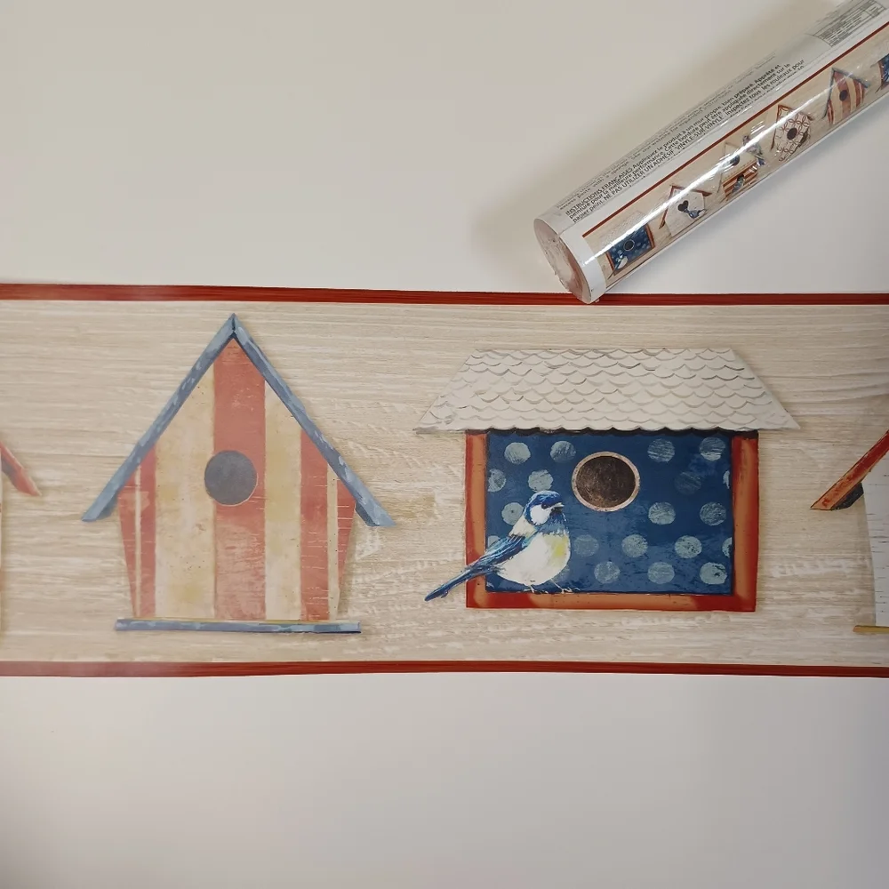 Wallpaper Border Cottage Chic Birdhouses Red & Blue